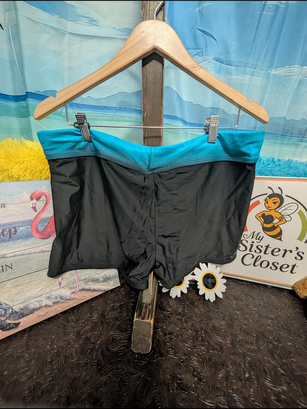 Source Unknown Black Swim Bike Shorts with Teal Waistband